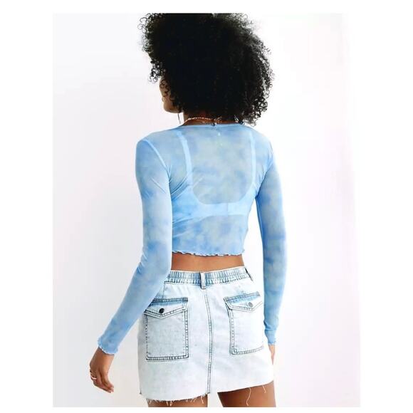New! Aerie Blue Magic Mesh Cropped Long Sleeve T-shirt Sheer Womens Size Medium - Picture 2 of 8